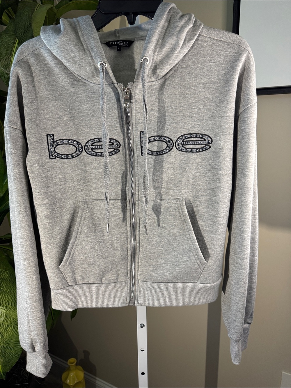 bebe Light Gray Zip-Up Hoodie with Logo, size L